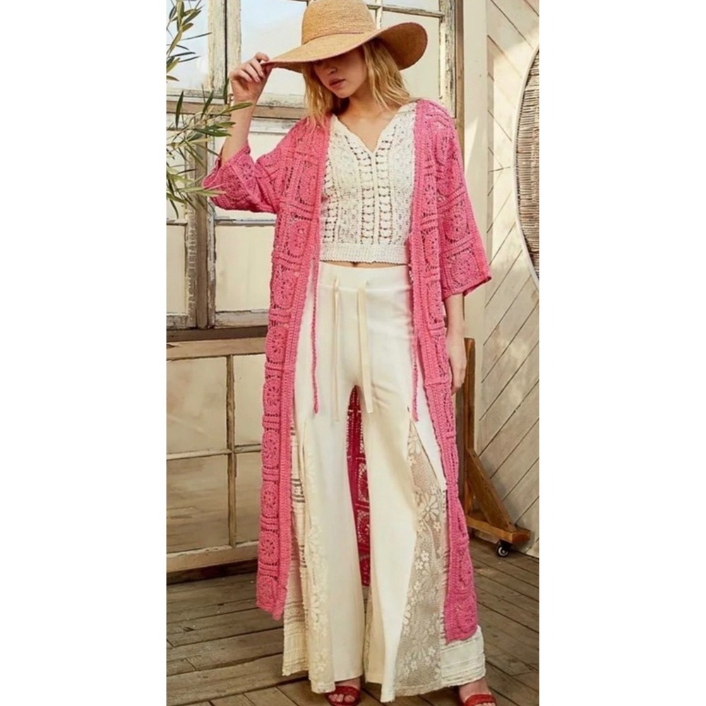 New! POL Bubblegum Pink Crochet Duster Cardigan Boho One Size